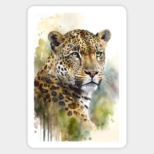 Watercolor Leopard  Portrait on an Abstract green Jungle Background Sticker